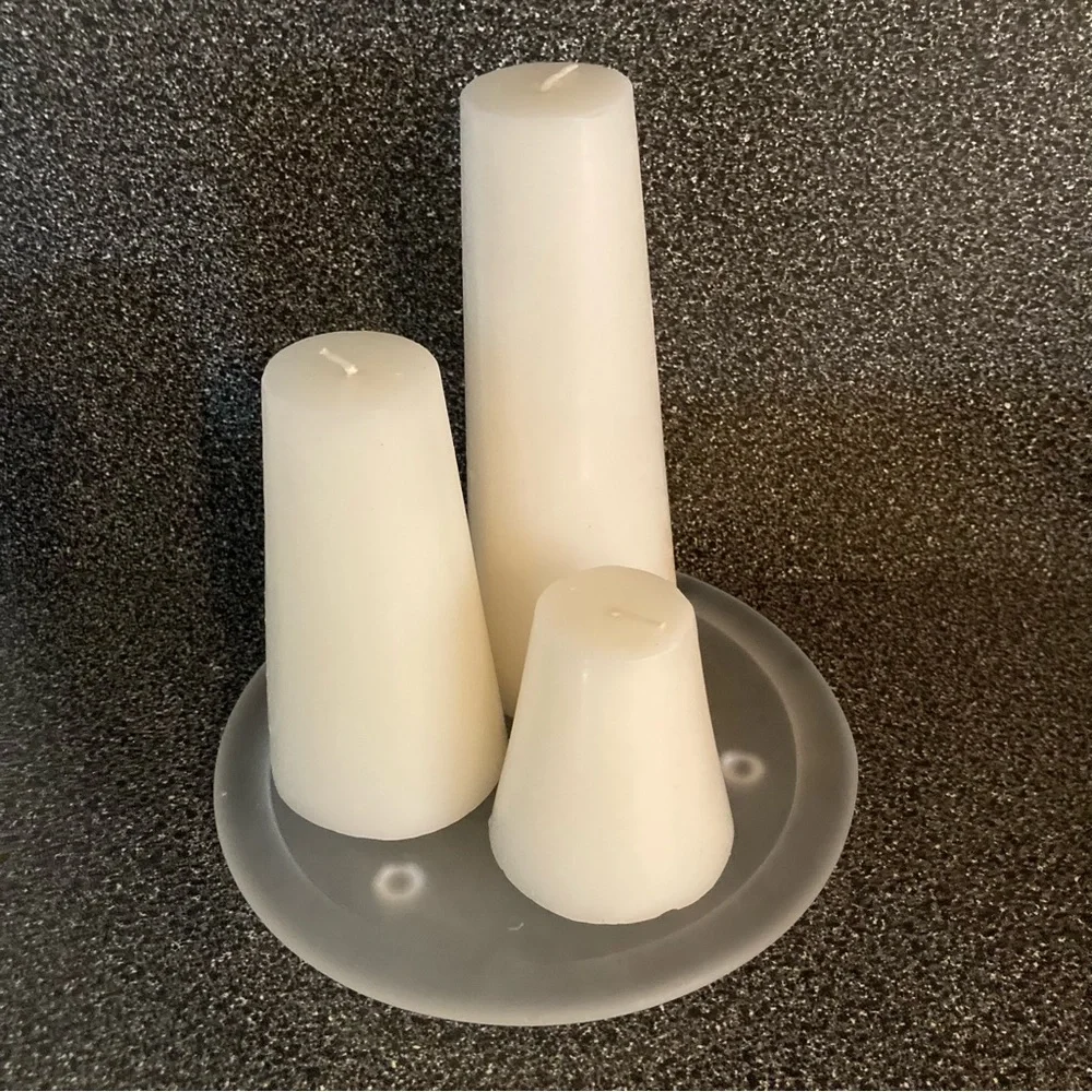 NWOT Set of 3 unscented cream colored candles + glass candle holder